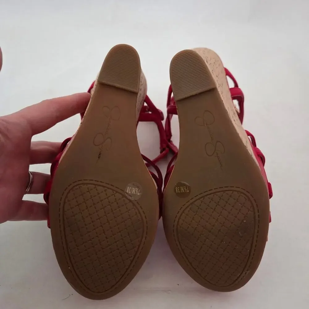 Jessica Simpson Brinlee Red Strappy Tall Cork Wedge Sandals Baddie Summer Sz 7.5